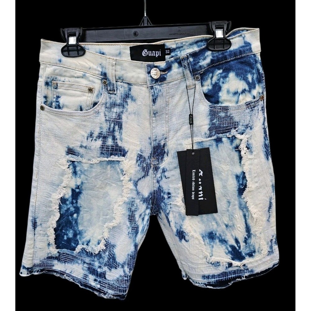 Guapi Shorts Mens 32 Blue White Distressed Tie Dye Denim Ripped Urban Streetwear